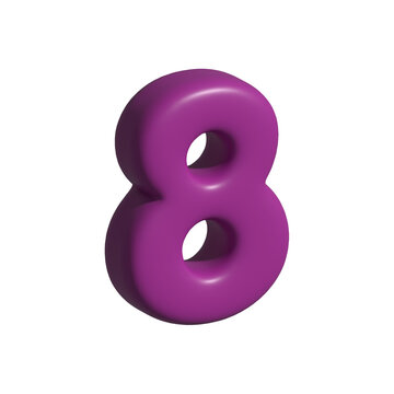 Purple 3D number eight isolated on white background, glossy rounded numeral for education, counting, ranking, typography and graphic design