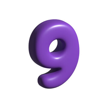 Purple 3D number nine isolated on white background, glossy rounded numeral for education, counting, ranking, typography and graphic design