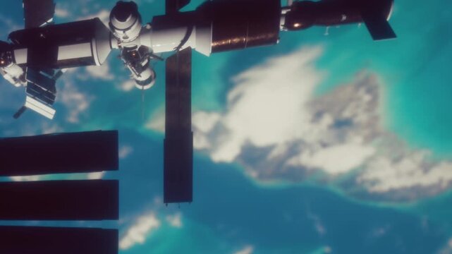 The image shows a perspective from the International Space Station. Clouds and land are visible below, highlighting parts of Earth. The scene is set in outer space during daylight.