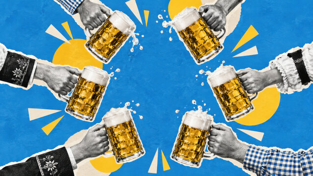 Six hands raising foaming beer steins in a circle, empty centre. Oktoberfest group cheers, prost and Bavarian beer festival in torn paper collage