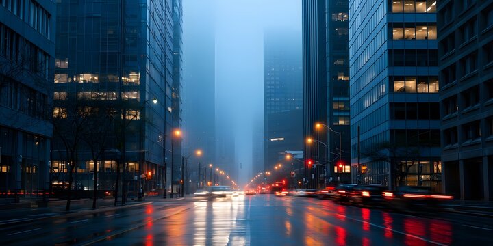 City street at night with glass skyscrapers