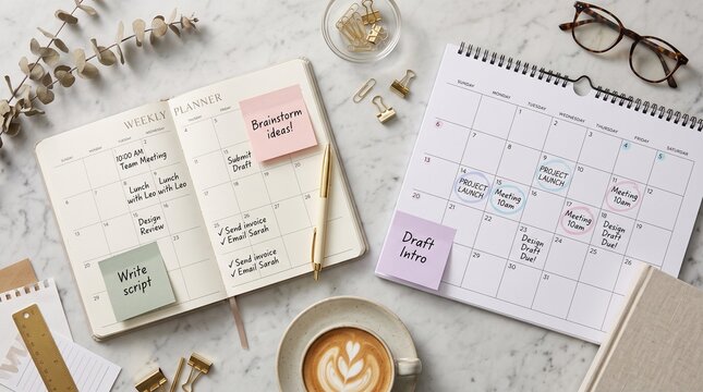 A weekly planner and monthly calendar with handwritten notes and coffee on a marble desk surface with calendar scheduled tasks