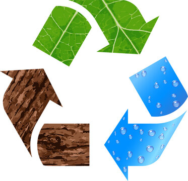 classic triangle textured recycling symbol with leaf tree bark and water environmental sustainability vector symbol isolated on transparent background