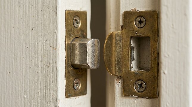 Door strike plate and latch in macro, door hardware detail and lock mechanism