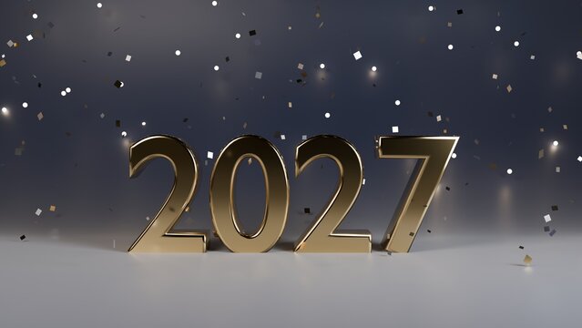 Happy New Year 2027 gold 3D numbers with confetti and bokeh lights on dark background