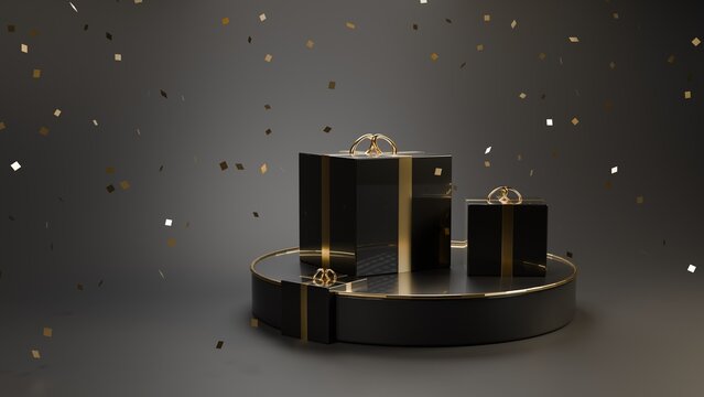Black Friday black gift boxes with gold ribbons on podium with confetti, 3D render