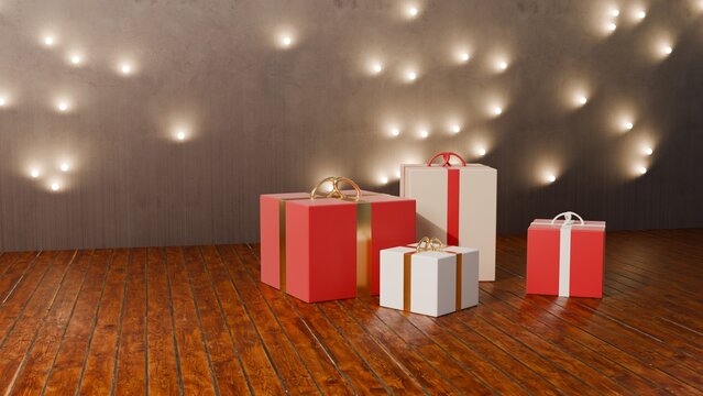 Christmas gift boxes with red, kraft paper and gold ribbons in a cozy room, 3D render