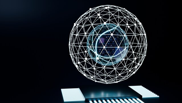 Artificial intelligence concept, glowing neural network sphere above a computer chip, 3D render