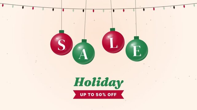 Christmas holiday sale animation with swinging ornaments spelling SALE under string lights and up to 50% off cream red and green snow loop