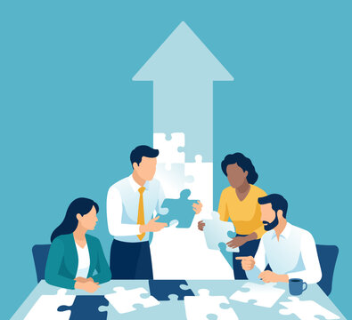 Together building growth and development. A team assembling the puzzle of success. A group putting together a puzzle shaped like an upward-pointing arrow. Vector illustration.