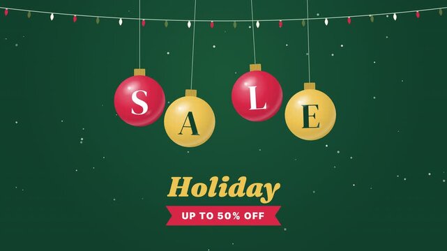 Christmas holiday sale animation with swinging ornaments spelling SALE under string lights and up to 50% off green red and gold snow loop