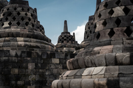 Borobudur Temple Stupas and Mountain Landscape, Indonesia