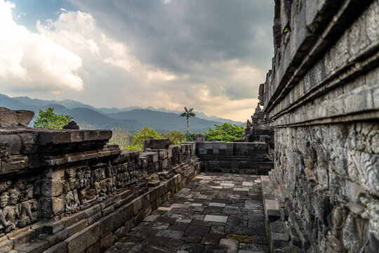 Borobudur Temple Stupas and Mountain Landscape, Indonesia