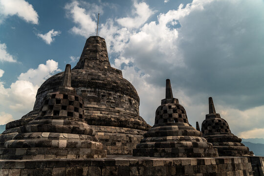 Borobudur Temple Stupas and Mountain Landscape, Indonesia