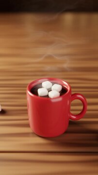 Steaming hot chocolate with melting marshmallows on a wooden table (vertical)