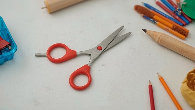 A pair of red scissors sitting on a table, ready for use