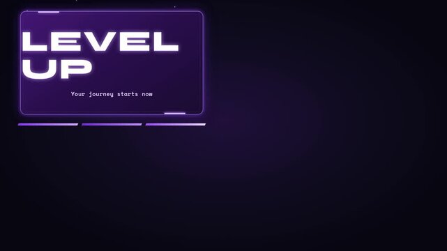 Animated neon LEVEL UP title card glowing and shifting across a dark purple background