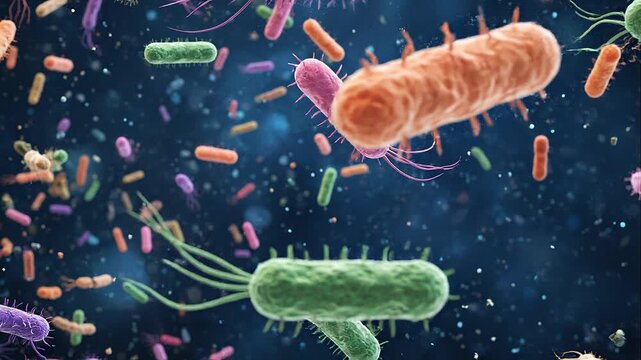 Various colorful bacteria and microbes suspended against a blue background, microscopic life forms, floating microorganisms, microbial ecosystem, cellular biology, medical science, abstract microbiolo