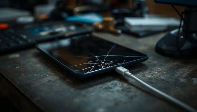 A broken cell phone sits on a table, out of use
