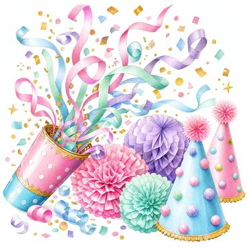 Open Party Popper Bursting with Pastel Streamers and Gold Confetti