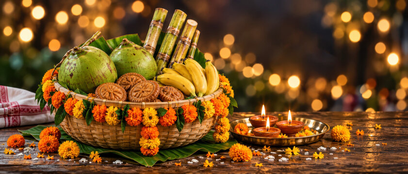Chhath puja offering basket with coconuts, bananas, sugarcane, thekua, marigold garlands, clay diyas on wooden altar, devotional harvest festival ceremony copy space