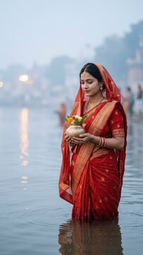 traditional Chhath Puja arghya ritual featuring an Indian woman standing in sacred river water wearing a red saree holding a brass kalash pot filled with fresh flowers for sun worship at sunrise