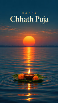 Chhath puja festival greeting with diya on river at sunset, surya arghya ritual, marigold flowers, indian hindu worship vertical social media poster