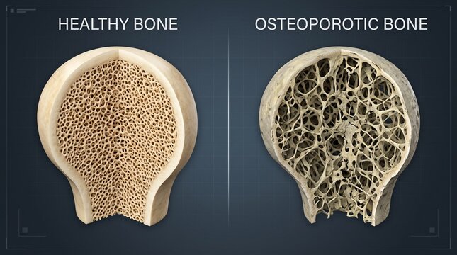 A comparative medical illustration showing the cross section of a healthy bone next to an osteoporotic bone structure with medical science