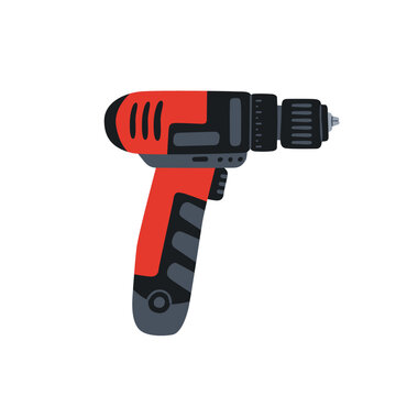 Cordless drill, screw gun power tool. Electric drill driver for home renovation, carpentry. Screwdriver for DIY construction, and repair work in hand-drawn flat vector graphic illustration style.