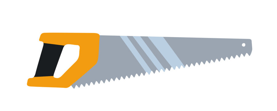 Manual wood handsaw. Hand saw tool with sharp steel blade and plastic handle for carpentry, construction, and DIY woodwork in flat vector graphic illustration style.