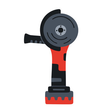 Angle grinder power tool. Cordless electric disc grinder for metal cutting, construction, and workshop renovation work in modern hand drawn flat vector graphic illustration style.