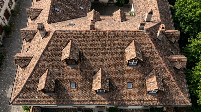 Architecture roof, clay tiles, dormer windows, and chimneys on a building top view isolated