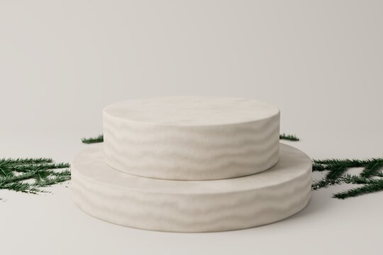 Stone podium with fir branches on a neutral background