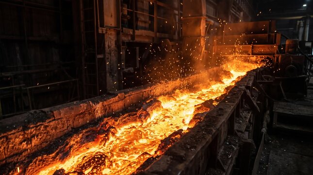 Molten Iron Runner Cast House Trough Glowing In A Dark Blast Furnace Hall With Flying Sparks, Low Diagonal View
