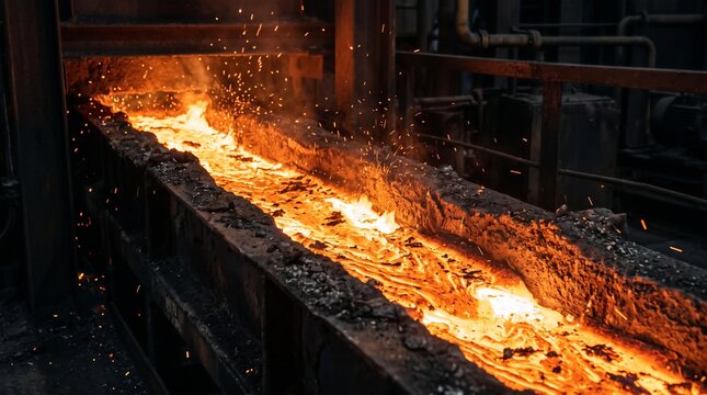 Molten Iron Flowing In Trough Of Crusted Refractory Beside Steel Framing And Pipes In A Dark Iron Works With Sparks