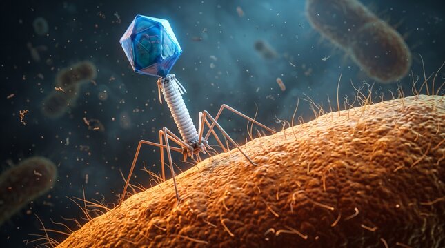 A blue bacteriophage virus landing on the surface of a single bacterium in a microscopic environment with attaching legs textured