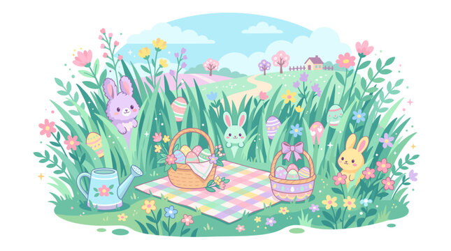 Cute easter bunny rabbits enjoying a spring picnic in colorful meadow