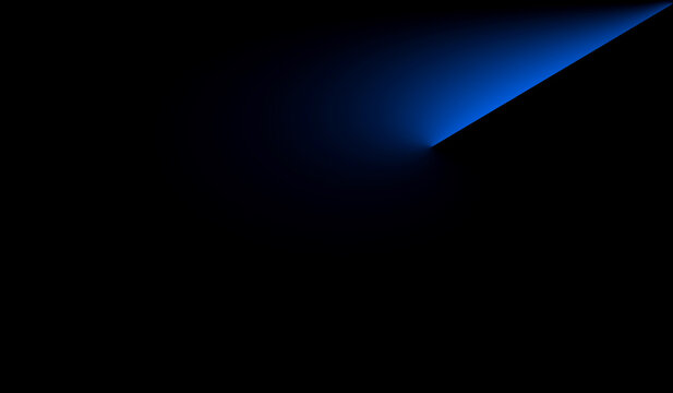 Dramatic geometric black backdrop illuminated by a sharp blue neon light ray resembling a directional spotlight from the top edge with copy space.