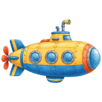 Cartoon Style Yellow and Blue Submarine Isolated on White Background