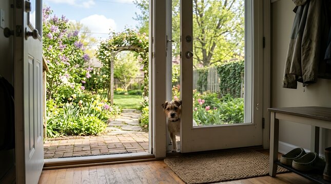 Domestic pet looking outward through an open household exit toward an outdoor backyard garden area during a warm season dog looking out the back door yard timid springtime animal pet