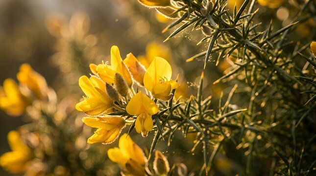 Macro shotbrilliant golden wild shrub blossoms and prickly green branches glowing under warm sun rays featuring soft blur close up bright yellow gorse blossoms spiky stems warm