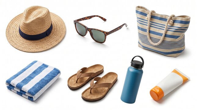 A collection of summer vacation essentials including a straw hat, sunglasses, a beach bag, a striped towel, flip-flops, a water bottle, and sunscreen