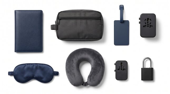 Travel essentials laid out neatly on a white background, including a passport holder, toiletry bag, luggage tag, power adapter, eye mask, neck pillow, and a padlock