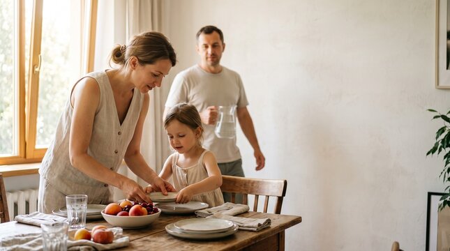 A family preparing dinner together at a wooden table in a bright, airy room. The mother and father are setting the table, while their young daughter assists. Sunlight streams in from a nearby window