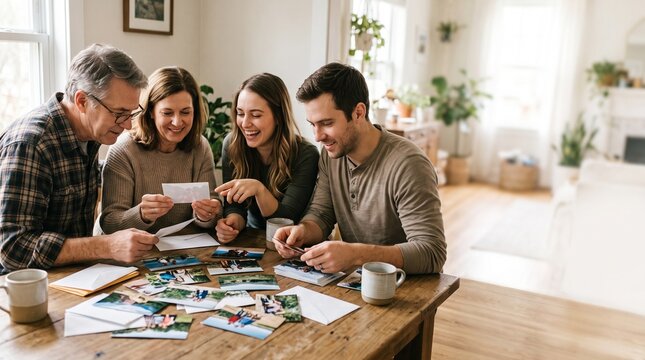 A family looking through old photographs, sharing memories, and laughing together at a wooden table in a cozy living room. The atmosphere is warm and filled with nostalgia