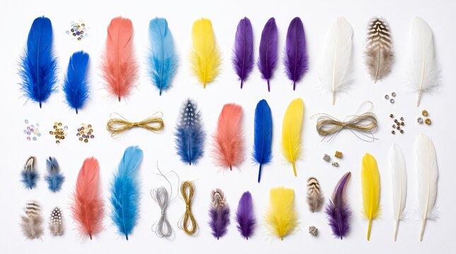 A collection of colorful feathers and crafting supplies arranged neatly on a white background, perfect for creative projects