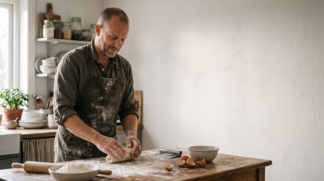 A man wearing an apron is kneading dough in a cozy kitchen. Flour is scattered on the wooden table, along with eggs and a bowl