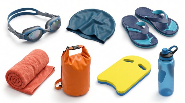 Swimming gear laid out neatly. Includes goggles, swimming cap, flip-flops, towel, dry bag, kickboard, and water bottle