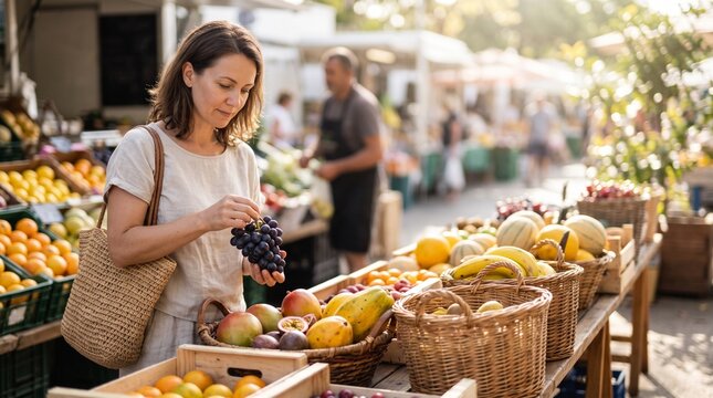 A woman selects fresh produce at an outdoor market, surrounded by an abundance of fruits and vegetables. Sunlight illuminates the vibrant displays, creating a lively and wholesome atmosphere