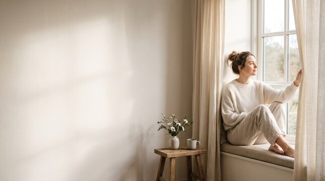 A woman looking out of a window while sitting on a windowsill, wearing cozy loungewear. The room is bright and airy, with soft natural light